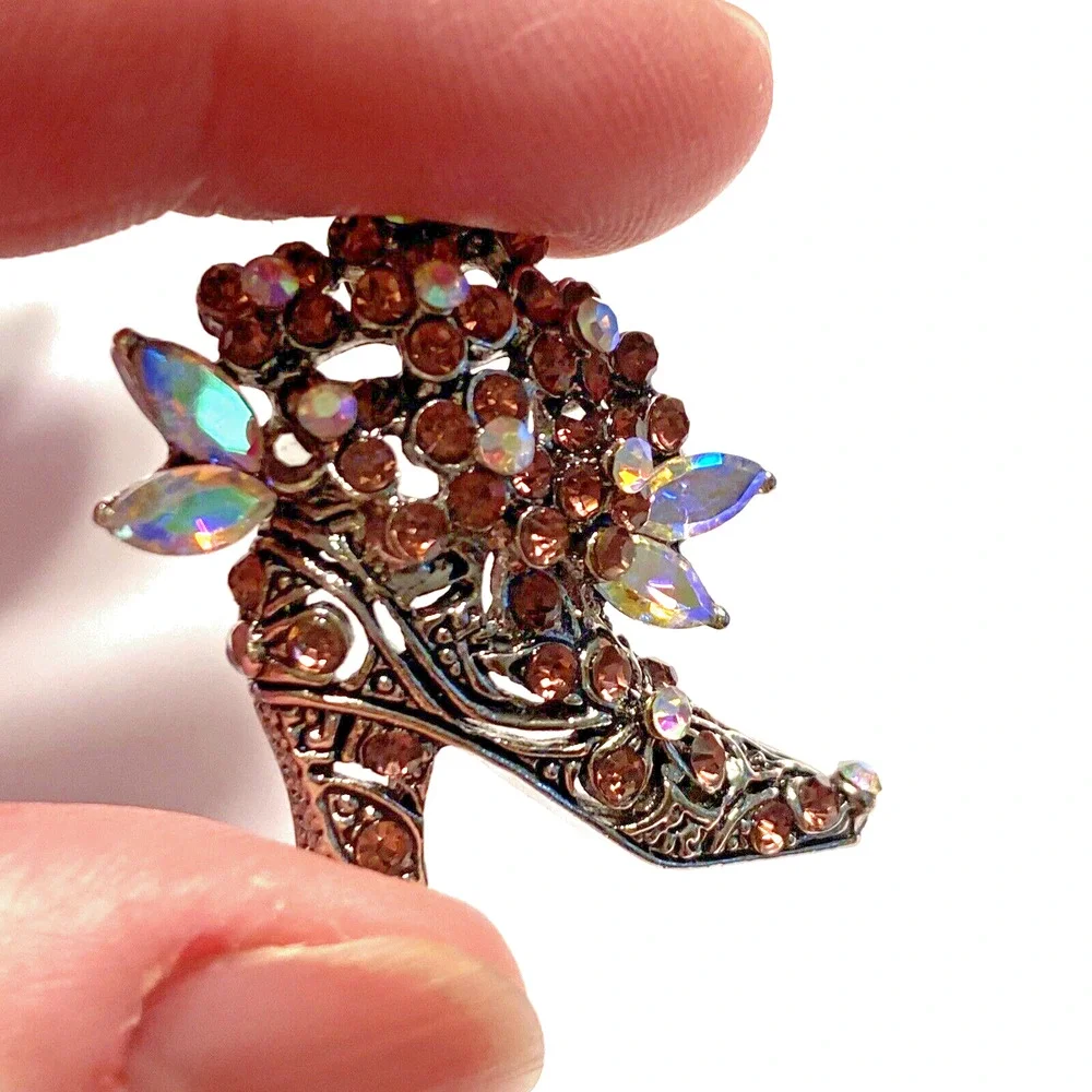 Rhinestone Boot Brooch Vintage Inspired Silvertone & Purple AB Rhinestones Pin